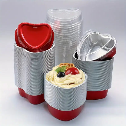 Red Heart-Shaped Aluminum Foil Baking Cups with Lids –Disposable Cake Molds  | HEART FOIL BAKE&SERVE WITH LID