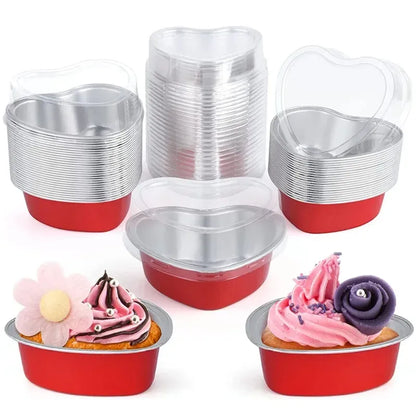 Red Heart-Shaped Aluminum Foil Baking Cups with Lids –Disposable Cake Molds  | HEART FOIL BAKE&SERVE WITH LID