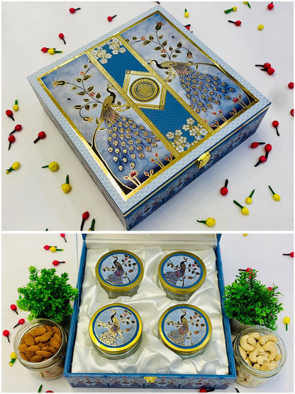 FESTIVE PEACOCK MDF HAMPER BOX WITH GLASS JARS