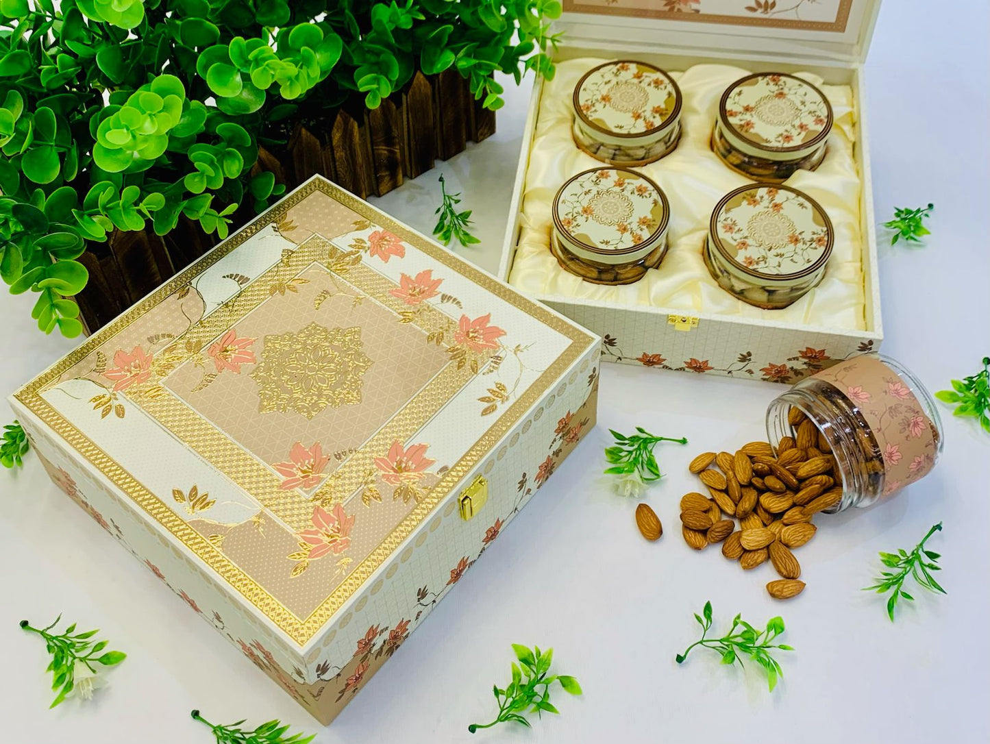 FESTIVE FLOWER MDF HAMPER BOX WITH GLASS JARS