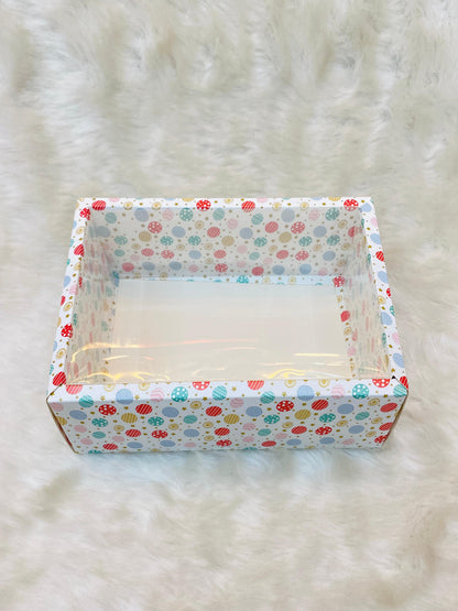 FESTIVE PRINT CLEAR LID HAMPER BOXES (PACK OF 5)