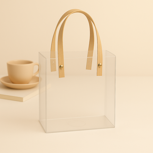 Medium Transparent PVC Gift Bag with Kraft Handles | Pvc Hamper Bag 20x18x10 cms