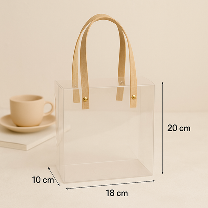 Medium Transparent PVC Gift Bag with Kraft Handles | Pvc Hamper Bag 20x18x10 cms