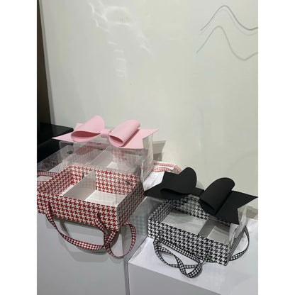 Luxury White & Pink Checks Hamper Gift Box with Bow & Ribbon Handle | Rectangular White & Pink Checks Hamper Box with Bow