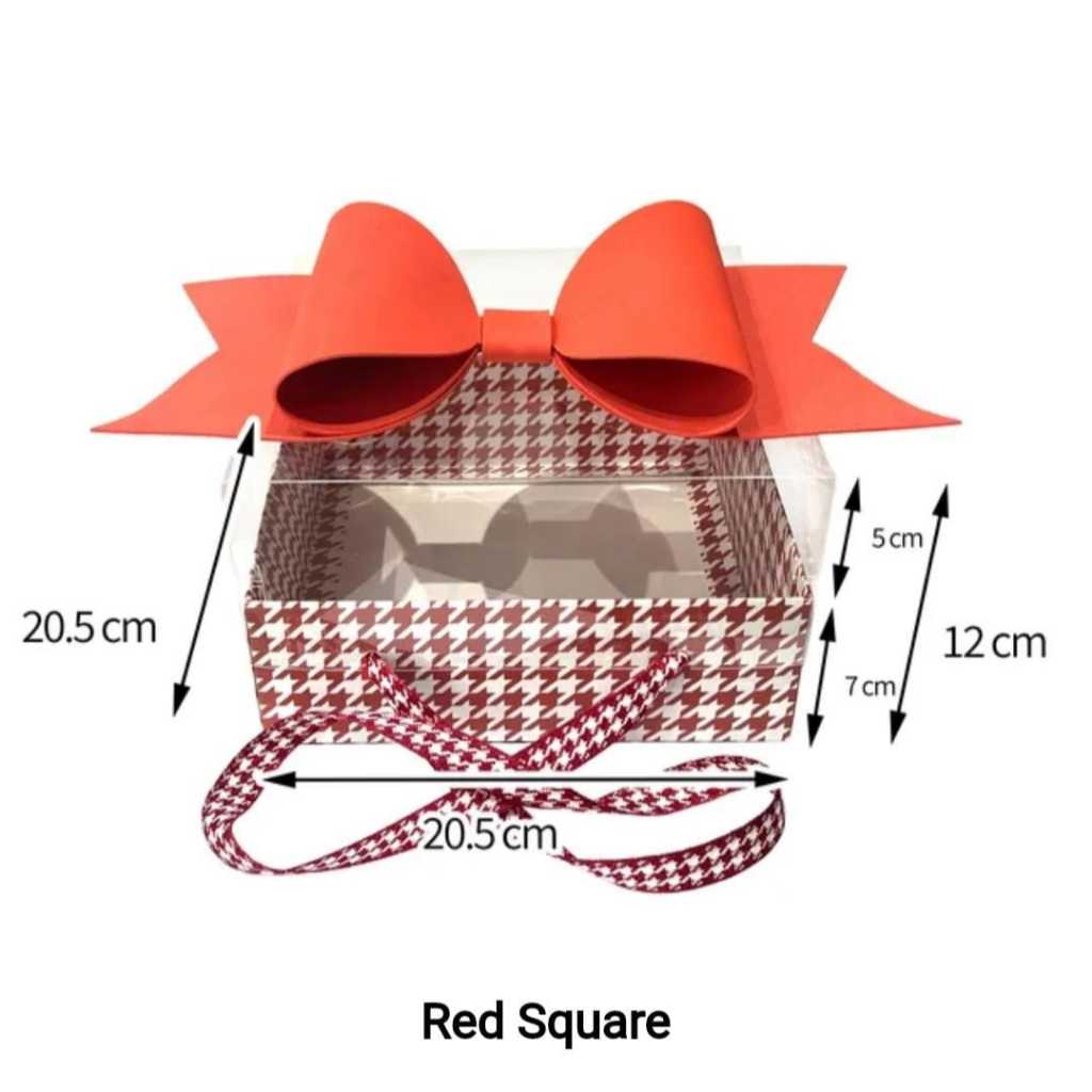Luxury White & Red Checks Hamper Gift Box with Bow & Ribbon Handle | Square White & Red Checks Hamper Box with Bow