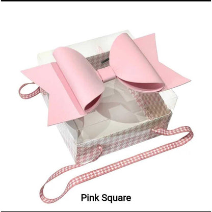 Luxury White & Pink Checks Hamper Gift Box with Bow & Ribbon Handle | Square White & Pink Checks Hamper Box with Bow