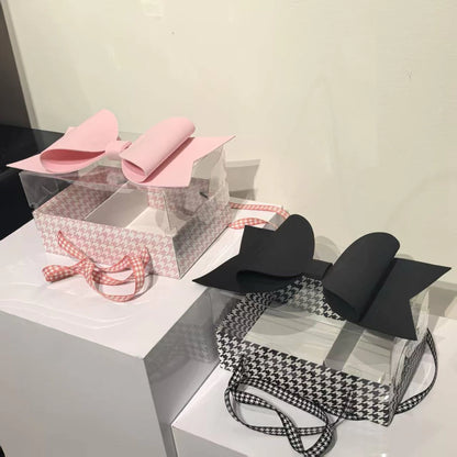 Luxury White & Pink Checks Hamper Gift Box with Bow & Ribbon Handle | Rectangular White & Pink Checks Hamper Box with Bow