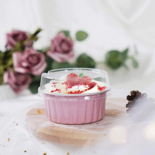PINK ROUND FOIL BAKE&SERVE WITH LID | Round Cake Containers with Clear Lids – Colorful Disposable Dessert Boxes for Pastries, Cakes, Treats