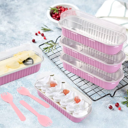 PINK RECTANGLE FOIL BAKE&SERVE WITH LID | Long Cake Slice Containers with Clear Lids | Colorful Disposable Dessert Boxes for Pastries, Cakes, Treats