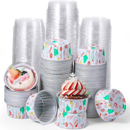 Pink Christmas Foil Dessert Cups with Dome Lids – 125ml | Round Cake Containers with Clear Lids
