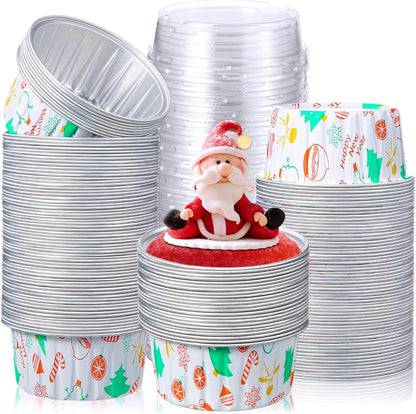 Pink Christmas Foil Dessert Cups with Dome Lids – 125ml | Round Cake Containers with Clear Lids