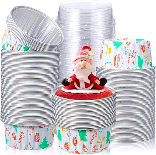 Pink Christmas Foil Dessert Cups with Dome Lids – 125ml | Round Cake Containers with Clear Lids