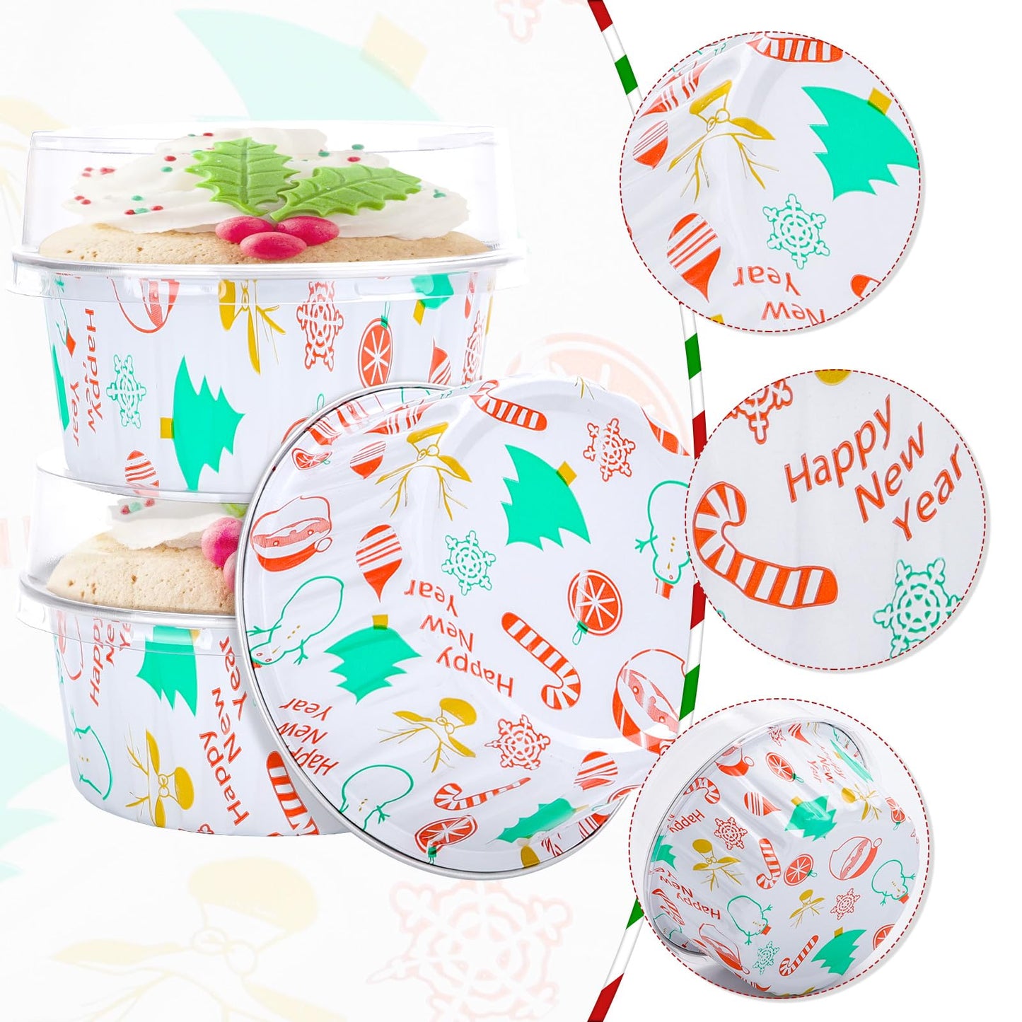 Pink Christmas Foil Dessert Cups with Dome Lids – 125ml | Round Cake Containers with Clear Lids