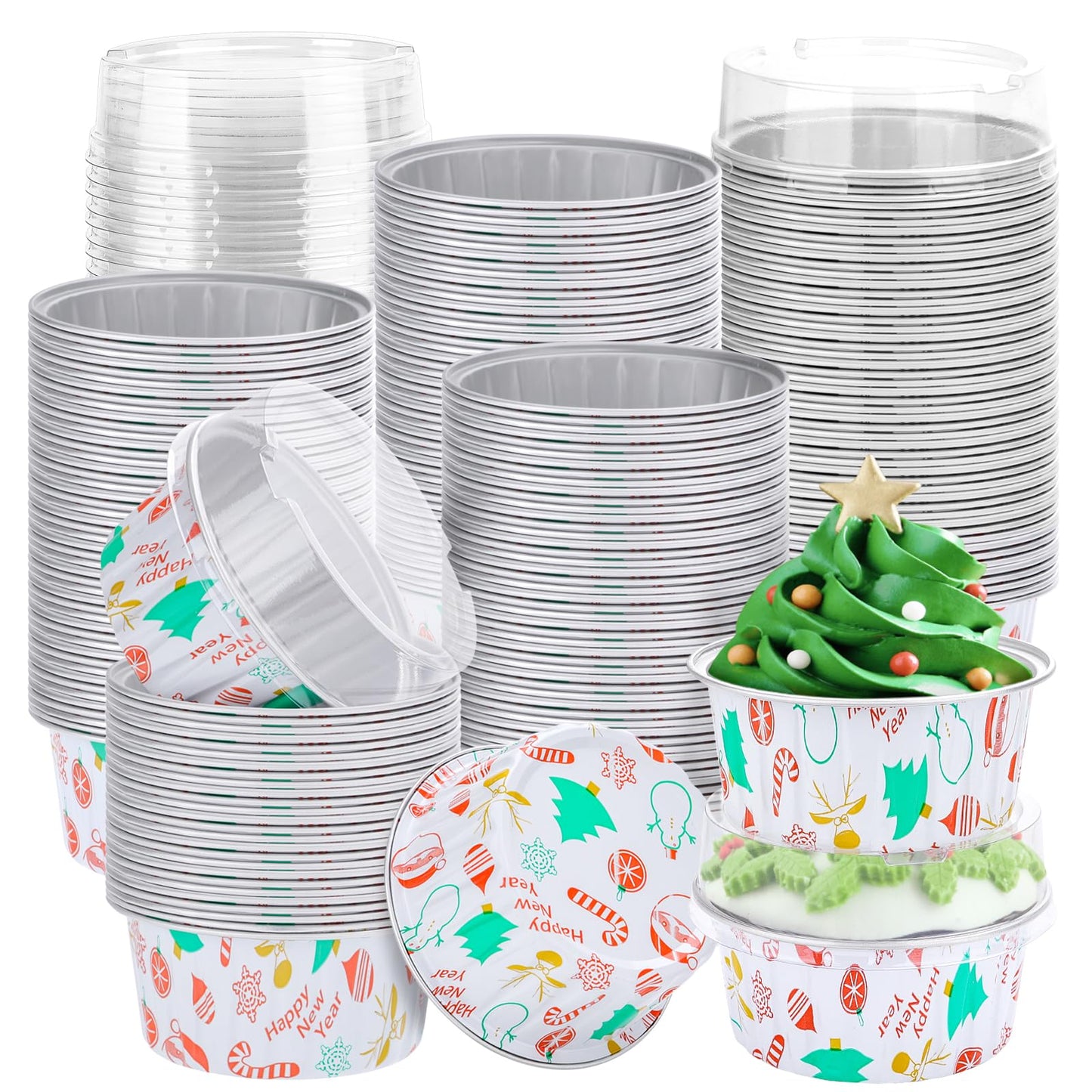 Pink Christmas Foil Dessert Cups with Dome Lids – 125ml | Round Cake Containers with Clear Lids