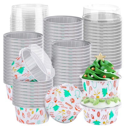 Pink Christmas Foil Dessert Cups with Dome Lids – 125ml | Round Cake Containers with Clear Lids