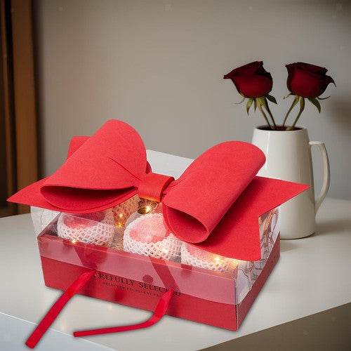 Small Red Luxury Transparent Gift Hamper Box with Bow & Ribbon Handle | Rectangle Red Bow Box 30 × 21 × 10 cm