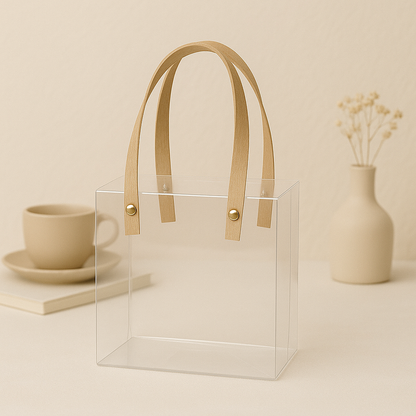 Small Transparent PVC Gift Bag with Kraft Handles | Pvc Hamper Bag 15x15x10cms