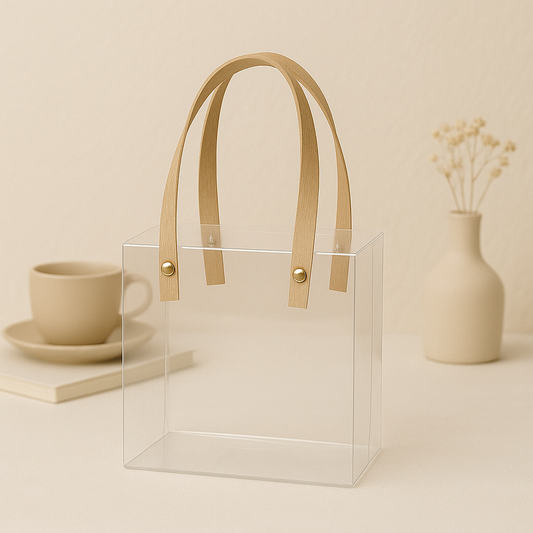 Small Transparent PVC Gift Bag with Kraft Handles | Pvc Hamper Bag 15x15x10cms