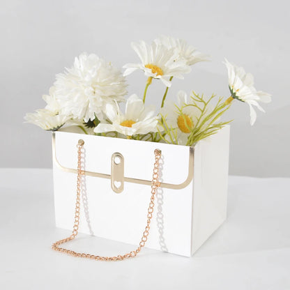 White Luxury Floral Gift Bag with Chain | Decorative Flower Box for Gifting & Events